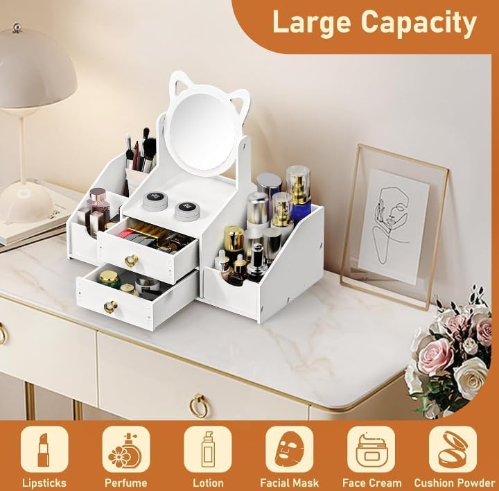Image of PLUSPOINT Makeup Desk Cosmetic Storage Box DIY-Organizer with Mirror & Drawers for Dressing Table, Vanity Countertop, Bathroom, Stationery, Makeup Organizer for Women and Girls