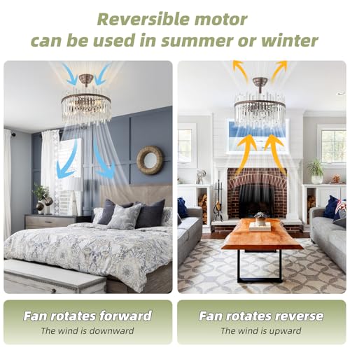 Image of Brown Fandelier Ceiling Fans with Lights, Crystal Chandelier Ceiling Fan with Light Remote Control, Mid Century with 6 Speeds for Bedroom, Living Room