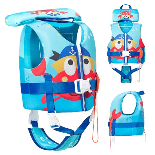 Toddler Swim Vest, Toddler Life Jacket 20-80 lbs Boys & Girls, Kids Floaties Swimming Jackets for 1 2 3 4 5 6 7 Years with Detchable Head Support &Grab Handle