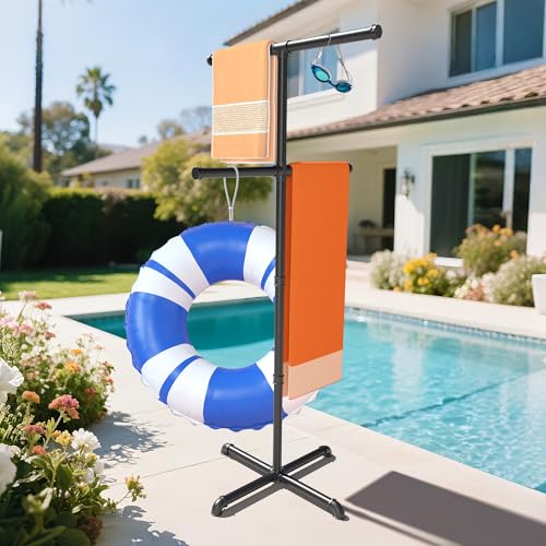 Hjarta Outdoor Towel Rack for Pool, 59 Inch Pool Towel Holder with 4 Bars, Poolside Towel Racks for Outdoor, Towel Drying Rack for Pool Area Outside, Bathroom, Spa, Hot Tub