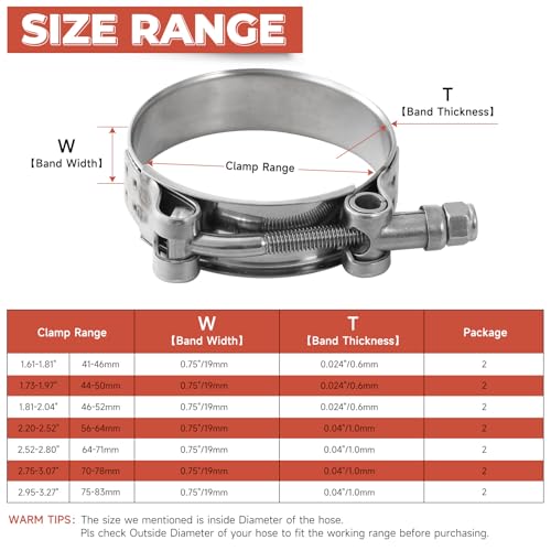 Image of AKIHISA T Bolt Hose Clamp, 7 Sizes 14Pcs Heavy Duty Hose Clamps, 304 Stainless Steel Hose Clamps, Working Range 41mm-83mm(1.61 inch-3.27'') Hose O.D.