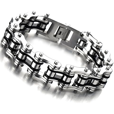 COOLSTEELANDBEYOND Masculine Mens Bike Chain Bracelet of Stainless Steel Silver Black Two-tone Polished Cover