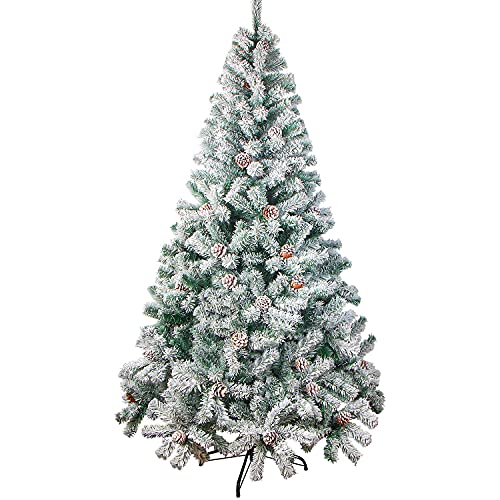 Image of VEYLIN 6ft Christmas Tree Snow Flocked Artificial Tree with Pine Cones and Metal Stand (700 Tips)