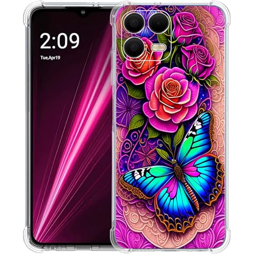 Coque T-Mobile Revvl 8 Pro bleu rose papillon housse protection silicone antichoc