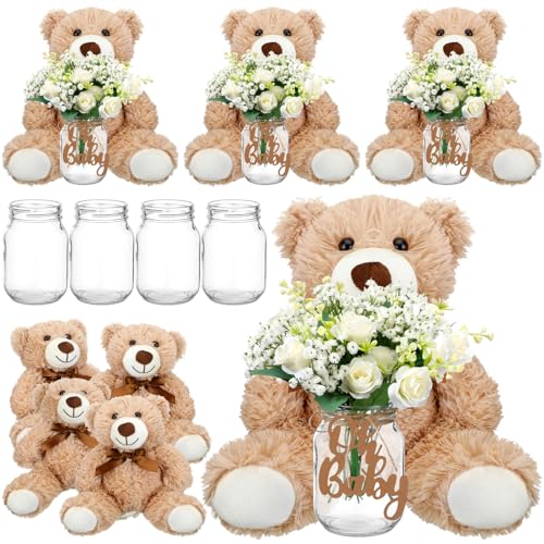 Sliner 4 Sets White Bear Centerpieces for Baby Shower Decorations Baby Shower Table Centerpieces with Bears Mason Jars Roses Bouquet Tags Burlap Rope for Gender Reveal Birthday Party Decoration