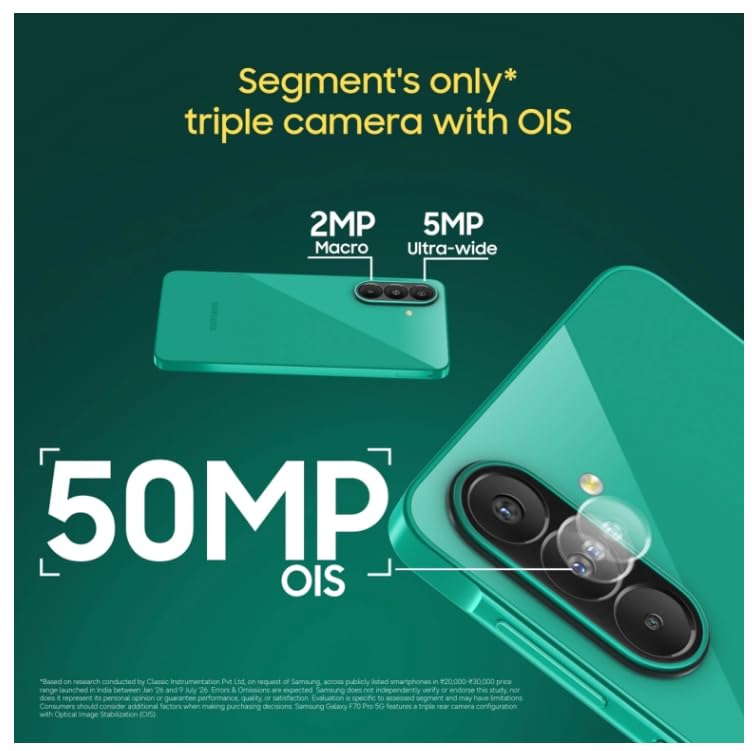 Image of Samsung Galaxy F70 Pro 5G (Aura Green, 128 GB) (8 GB RAM) | 6000 mAh Battery | 6.7 inch FHD+ Super AMOLED Display | Dimensity 6300 | Oualcomm Octa Core Processor |
