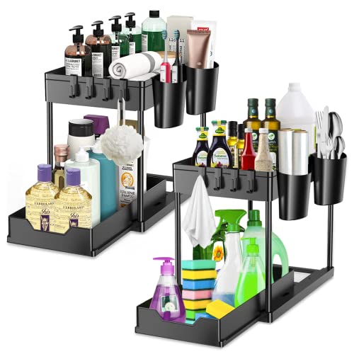 vvhippo Lot de 2 Rangement sous Évier Cuisine à 2 Niveaux avec Tiroir Coulissante, Etagere Tiroir avec 4 Patères et 2 Vasques Suspendues, pour cuisine, salle de bain, buanderie, Noir