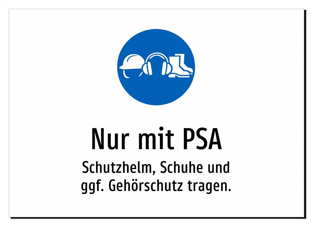 31734-DE-S-09 | Nur mit PSA - Schutzhelm, Schuhe und ggf. Gehörschutz | Aluminiumschild A2, 594 x 420mm | mit Symbolgrafik und Text