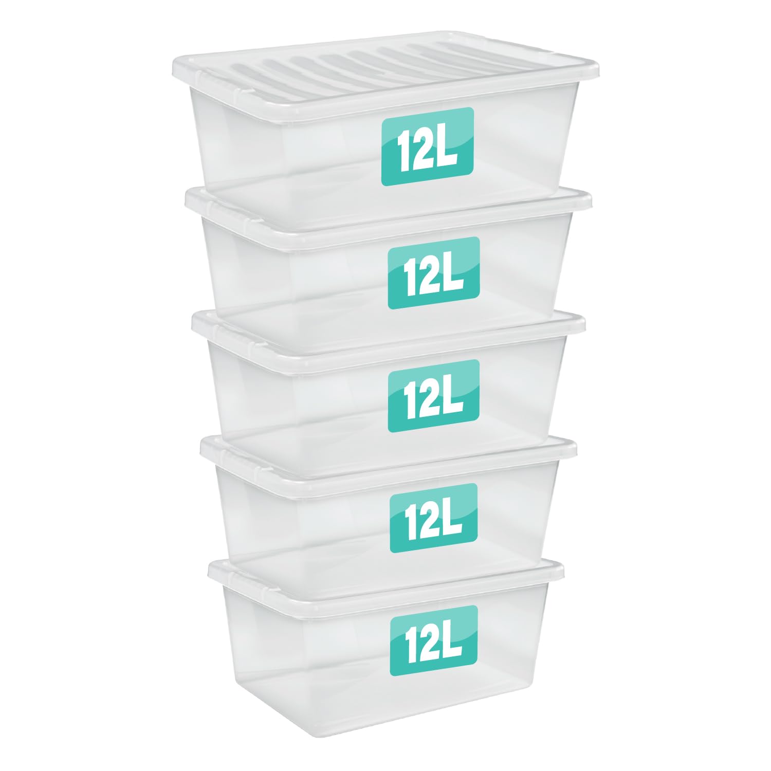 Optimal Products 5 x 12 Litre Clear Plastic Storage Box With Lids UK BRITISH MADE Home Office Stackable Nestable Transparent Plastic Boxes, Size 5,11,24,28,35,45,62 Litre (5 Boxes, 12 Litre)