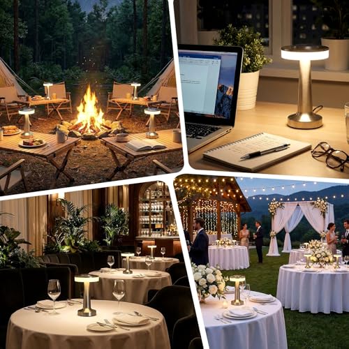 Image of Riakrum 4 Pcs LED Cordless Table Lamp Bulk Rechargeable,Silver | Portable Wireless Lamps, 3 Color Stepless Dimming, 15 Hour Battery, Touch Control, Wedding Home Restaurant Decor