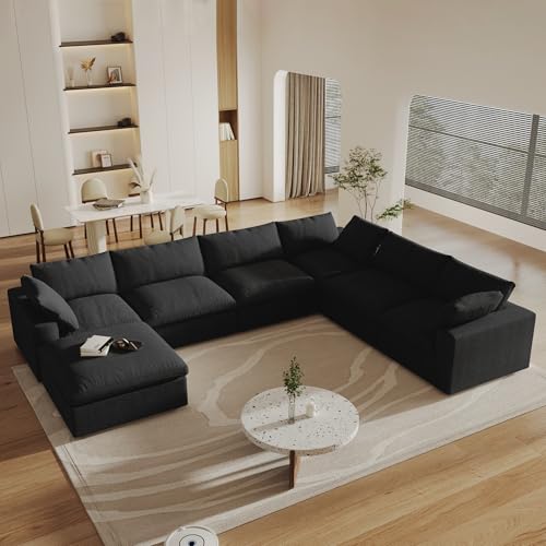 Image of 160 inch Cloud Couch Modular Sectional Sofa for Livingroom,Oversized Convertible Sofa with Storage Ottomans,7 Seat Wide Couches,Cushion Covers Removable,Black