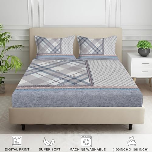 Image of Signature Digital Print Geometric Designs Super King Size Bedsheet - 108 x 108 inches | 100% Cotton-Feel Soft Fabric | Fade-Resistant Colors | 2 Matching Pillow Covers (Urban Harmony)
