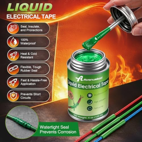 Avenuebool Liquid Electrical Tape 4oz Waterproof Liquid Tape Electrical Insulating Glue with Brush Cap, High Temperature Resistant Flexible Rubber Coating for Wires Cables, Plug, Automotive(Green) - 4