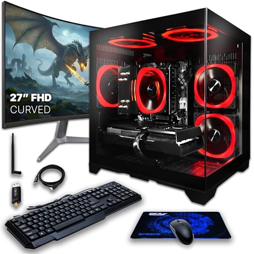 Image of SAAV Drex Prebuilt Gaming PC Bundle Desktop Tower Intel Core i7-12700KF GeForce RTX 5060 8GB GDDR6 Curved 27in Monitor 32GB DDR4 1TB NVMe SSD WiFi 6 Windows 11 Black RGB Computer PC Gaming