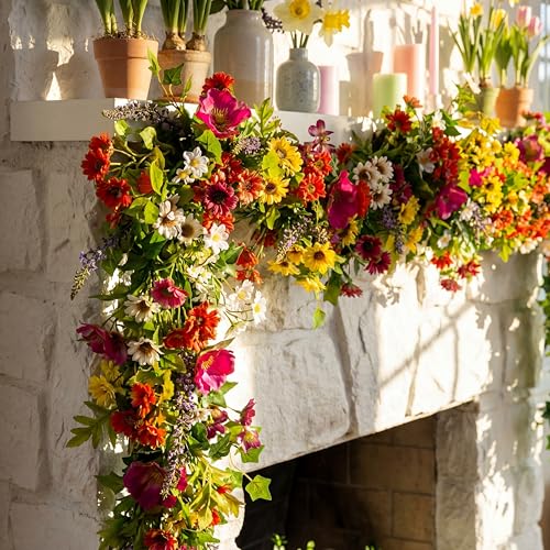 FineCheer 6 ft Spring Artificial Wildflower Garland Colorful Daisy and