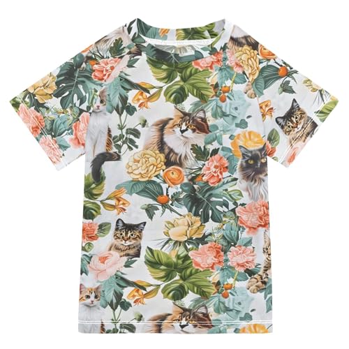 ALAZA Kids Rash Guard Toddler Swim Shirt Boy Girls Cat Floral UPF 50+ Short Sleeve 4T