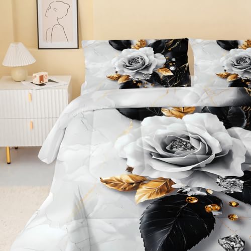Image of QOOMO 3Pcs Flower Print Comforter Set Full Size,Cartoon Plants Bedding Set for Teens Boys Girls,Black White Comforter with 2 Pillowcases,Soft and Lightweight
