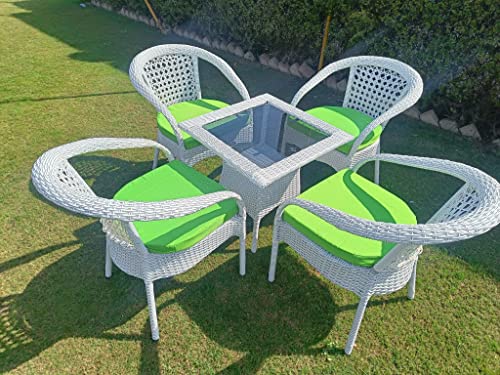 Image of Anaya Decor D-8 Chairs Table Set 4+1 Wicker Patio Furniture Sets 4 Chair and 1 Table with Cushions for Garden Balcony Bedroom Powder Coated Frame Uv Protected Wicker (Off White+Green)