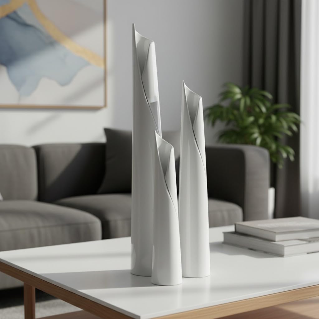Vasen 3er Set - Keramik Vase Weiß, Modern, Minimalistisch - Deko Vasen für Pampasgras und Blumen, Handgefertigte Blumenvase, 30-50cm hoch