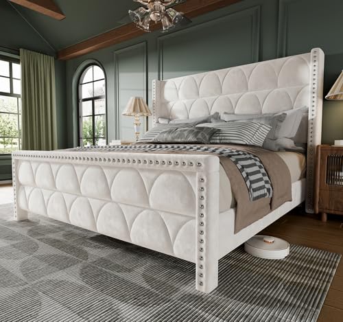 OHOHOLIVE King Size Bed Frame with 56' Headboard - Velvet...