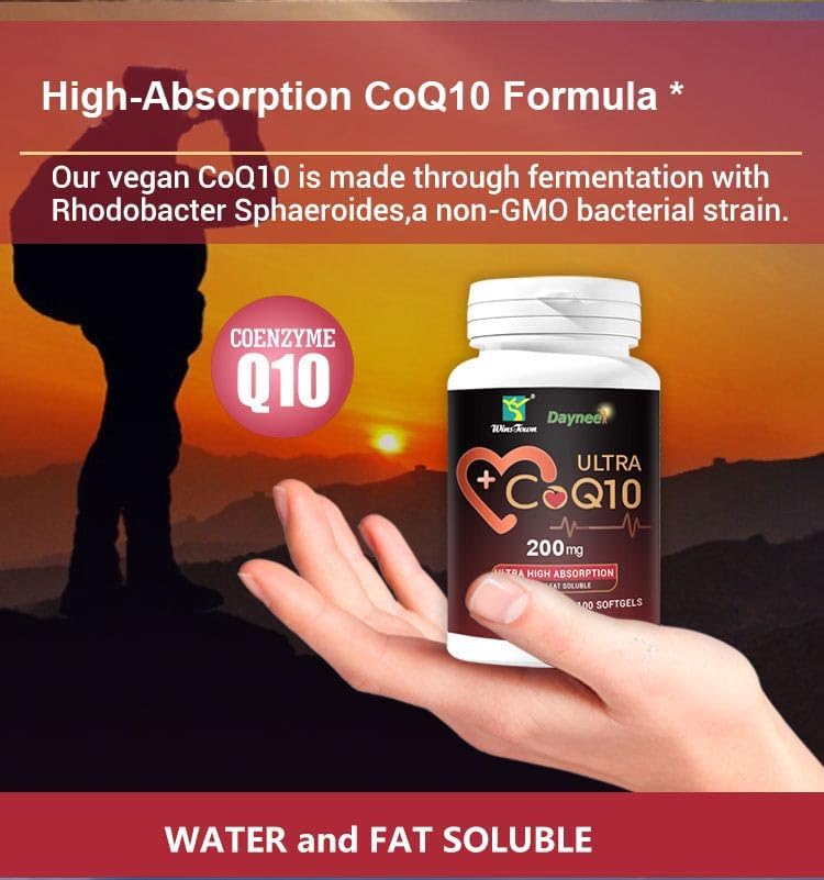 CoQ10 200mg Softgels with Vitamin E–High Absorption Coenzyme Q10 Supplement for Heart Health&Cellular Energy Support, Non-GMO, Gluten-Free, 100 Softgels