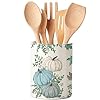 Fall Utensil Holder Ceramic, Blue Utensil Holder for Kitchen Counter Countertop, Cooking Utensil Crock with Non-slip Mat, Pumpkins Farmhouse Kitchen Decor, Countertop Spatula Utensil Storage Organizer