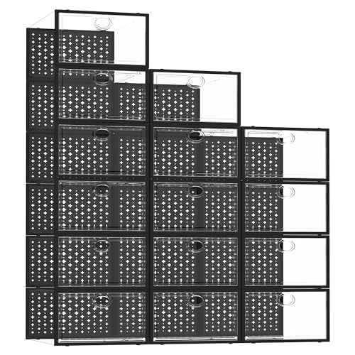 Pinkpum 15 Pack X-Large Shoe Storage Boxes, Shoe Organizer for Closet Clear Plastic Stackable Shoe Dispaly Case Bins Holder, Sneaker Storage Black