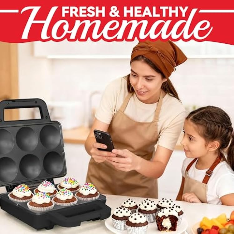 SugarWhisk 6-Count Cupcake Maker Machine, Bakes 6 X 2.5 Inch Cupcakes, Muffins, Pizza Cups, Cinnamon Buns, Cool-touch Handle, Non-stick Coating, Recipe Included, Graphite
