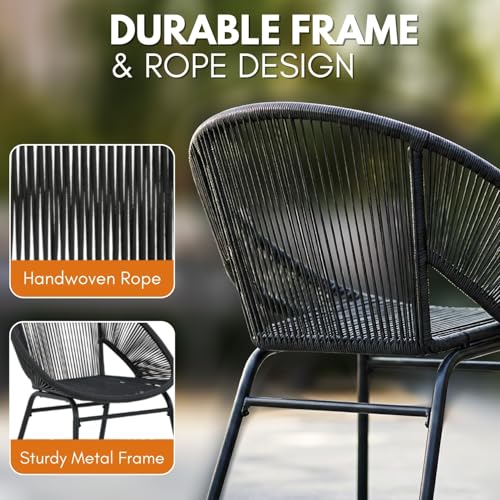 Image of DEVOKO Rope Outdoor 3-Piece Patio Chair Glass Top Round Table Set with All-Weather Rope Design Sturdy Durable Metal Frame for Garden, Balcony, Terrace, Deck(Black)