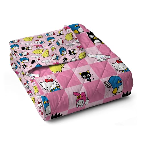 Image of Northwest Hello Kitty & Friends Reversible Quilted Throw, Kawaii Checkered Pattern, Comfy Throw, for Anime Fans, Game Room, Chair or Couch, 60 x 80 Inches