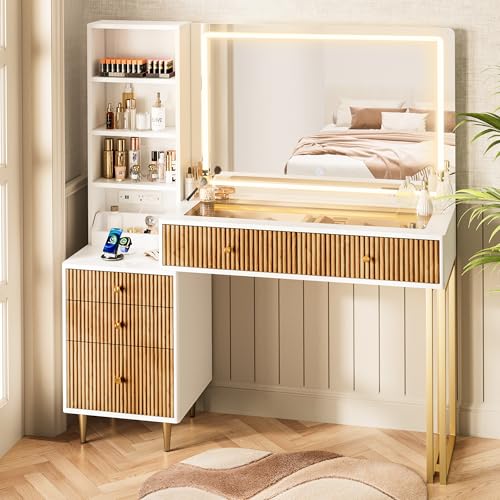 DAMCROP Fluted Vanity Desk with 32'' HD Mirror and Lights, 44''/w Modern Glass Top Makeup Vanity Table with Drawers & Charging Station, 3 Shelves, Makeup Tray Dressing Table for Bedroom(White)