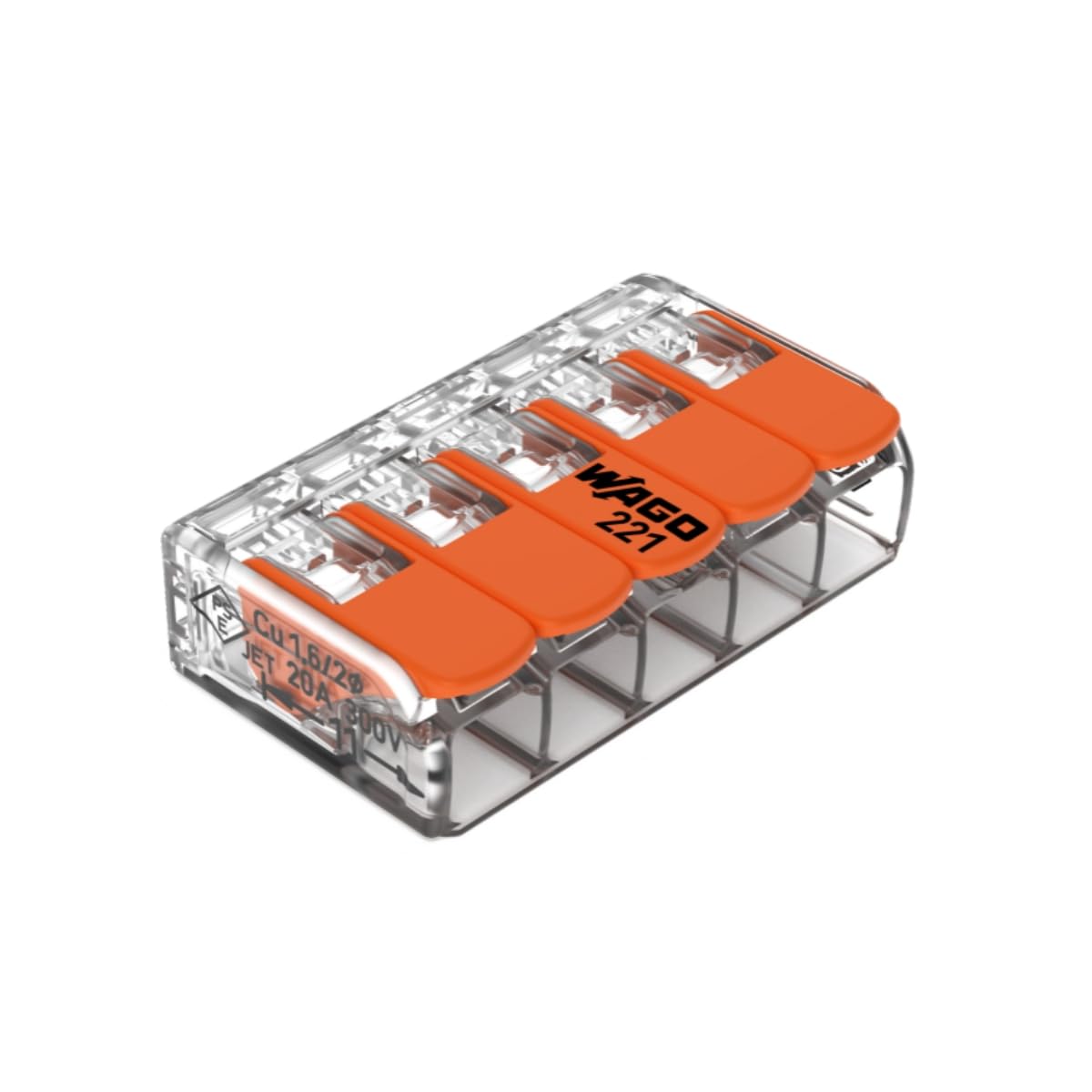 Wago, bloque de terminales de palanca serie 221, caja de 40 piezas, 5 entradas, compatible con cables rígidos, semirrígidos y flexibles de 0,14 – 4 mm², tensión 450 V | Conectores de palanca para cables rígidos y flexibles de 0,14 a 4 mm², capacidad de 32