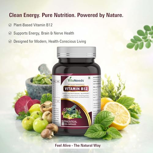 Image of Vitamin B12 Supplements | Vegan Vitamin B12 tablets | With Moringa,Spirulina,Alfalfa,Wheatgrass, Amla & Superfoods | Energy and Vitality Natural B12 Supplement for Adults Vegetarian Friendly Formula for Daily Routine |60 Veg Capsules 2.2 MCG (Plant Based)(Pack of 2)Total=2x60=120