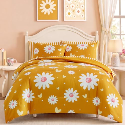 Image of Full Size Comforter Set for Girls Mustard Yellow Daisy 7 Pieces Bedding Set