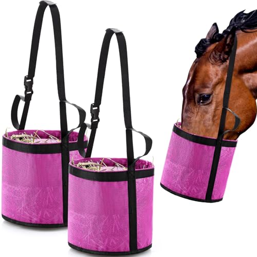 Sumind 2 Pcs Feed Horses Bag for Grain Hay Bags Heavy Duty Mesh Horse Feeder with Adjustable Strap Comfort Neck Pad Nose Pad and Waterproof Bottom Muzzle(Pink)