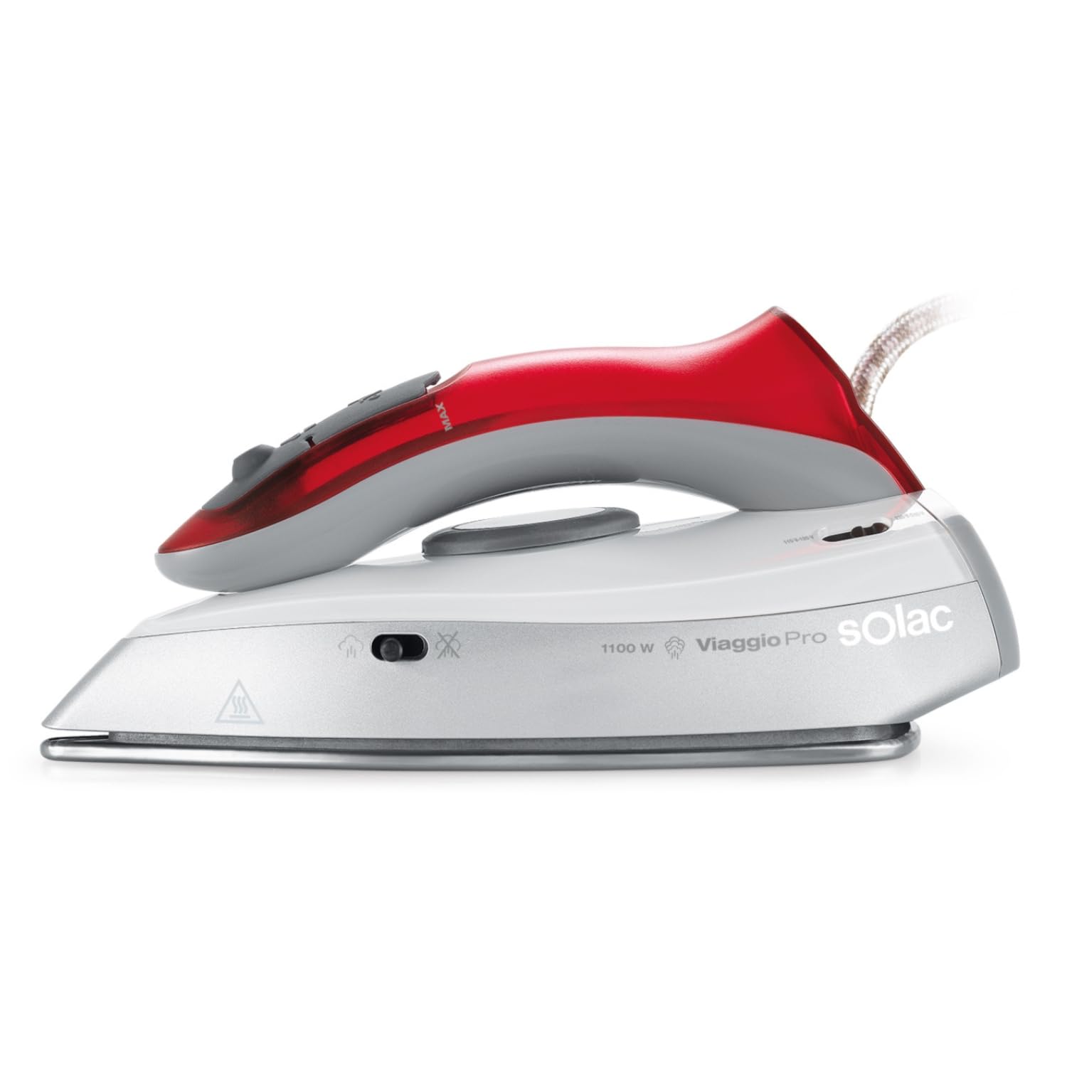 Solac - Ferro da Stiro da Viaggio Pro, 1100W, Colpo di Vapore 45 g/min, Vapore Continuo + Verticale, Regolatore di Temperatura, Anticalcare, Antigoccia, Piastra in Ceramica, Rosso/Grigio