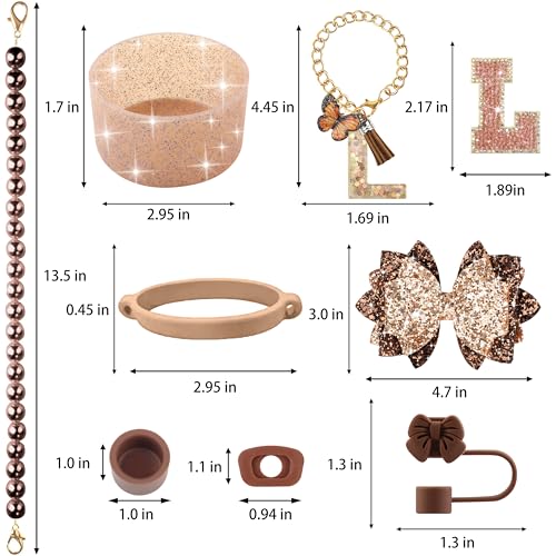 Hpebl 9PCS Brown for Stanley Cup Accessories Set Bling Initials Bow Charms for Stanley Decorations 30/40 Oz Tumbler Accessories Including Bow Straw Topper, Handle Strap, Spill Stopper（Letter L） — view 3
