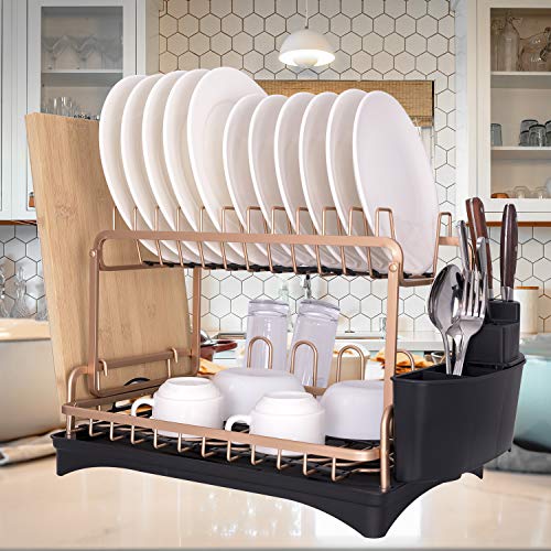 2 Tier Large Kitchen Dish Rack Drying Rack with Utensil Holder and Cup Holder for Kitchen Countertop Dish Drying Rack Kitchen Organizer Removable Drainer Tray Rose Golden