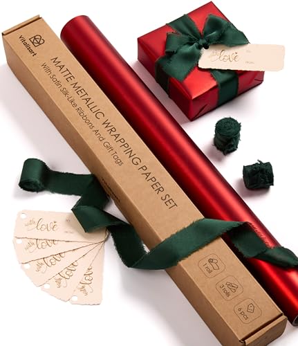 Vitalizart Matte Metallic Red Wrapping Paper Set 17" Ribbons & Gift Tags