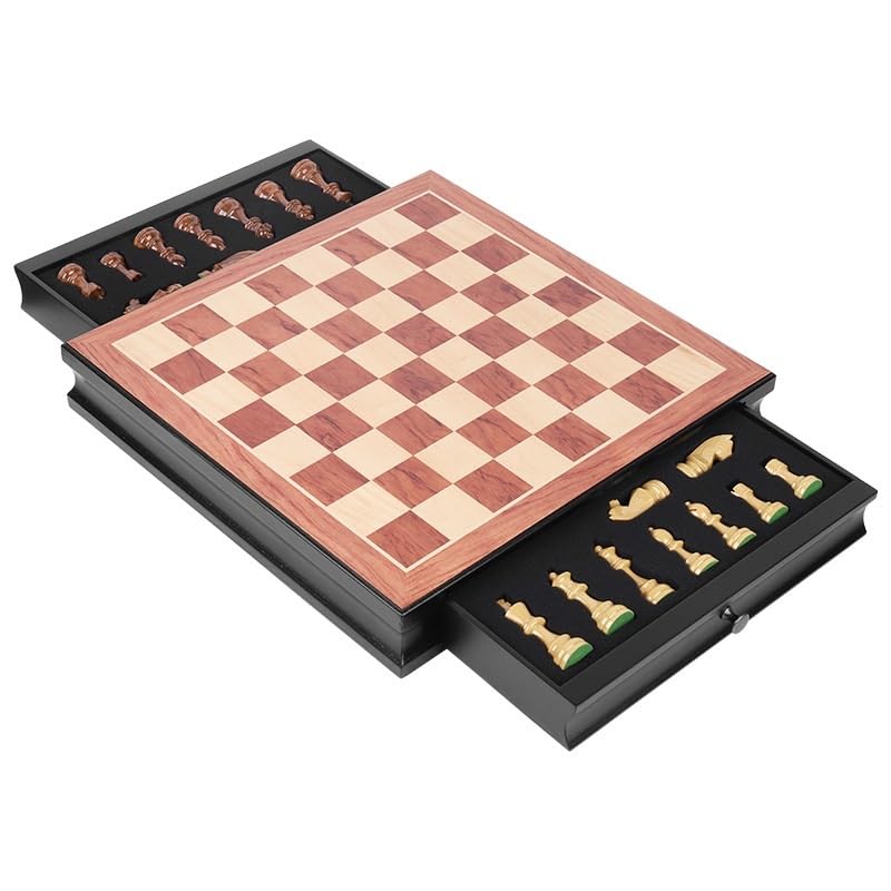 Set di scacchi in legno con 2 cassetti portaoggetti integrati, gioco di scacchi for principianti, bambini, adulti e principianti. scacchiera portatile(King97MM)
