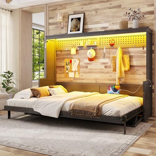 Image of KEIKI Queen Size Horizontal Cabinet Murphy Bed with Desk, Solid Slats, Gray