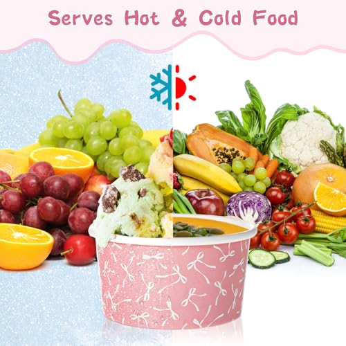 Image of Maxdot 60 Pcs 3 oz Paper Ice Cream Cup Disposable Dessert Western Cup Paper Yogurt Snack Bowl Bulk for Hot and Cold Food Ice Cream or Mousse for Birthday Valentine Party Supplies(Pink,Bow Knot)