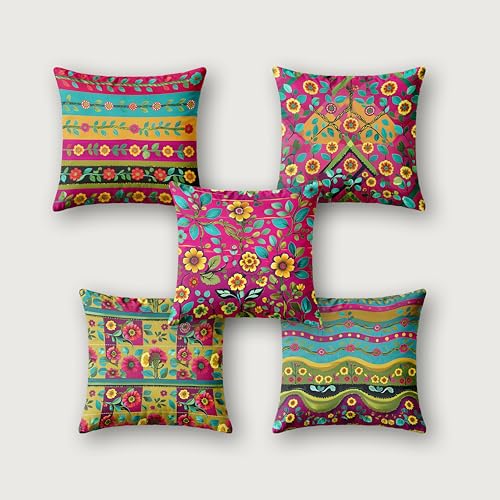 Image of Ultimate Trends Digital Printed Soft Cotton Feel Polyester Decorative Cushion Cover, Modern Eligent Designs, Heavy Long Life Fabric,24 inch X 24 inch Set of 5,Rani