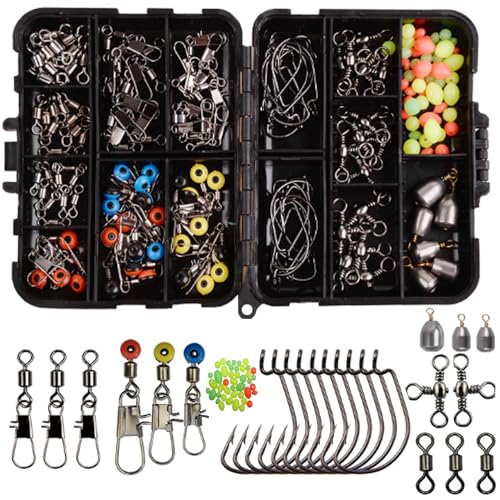 JSHANMEI 160pcs/box Fishing Accessories Kit, Including Jig Worm Hooks, Iron-Weights, Rolling Barrel Fishing Swivels Snaps, Sinker Slides, Fishing Line Beads, Fishing Gear Set with Tackle Box