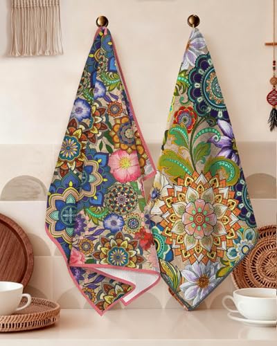 Miss Adola 2pcs Microfiber Kitchen Towels - Boho Kitchen Towels Set of 2 with Hanging Loop Decorative Absorbent 18x26 Inch Hand Towel Colorful Design Dish Cloth for Housewarming Gift, Mandala