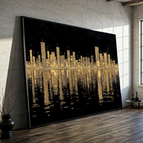Style vintage paysage urbain doré tableau abstrait moderne 50x70cm