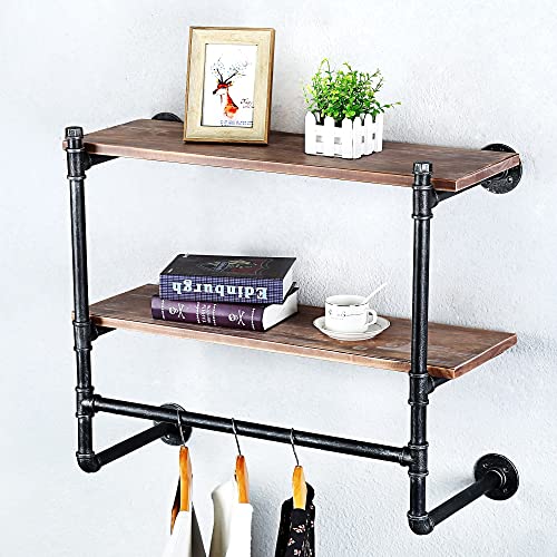Haovon Industrial Pipe Clothing Rack Wall Mounted Real Wood Shelf,Pipe Shelving Floating Shelves,Retail Garment Rack Display Rack Cloths Rack(2 Tier,30In) #TOP4