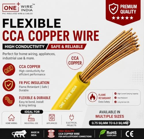 Image of 90m PVC Copper Electrical Wire (Pack of 2), Yellow, 1.0 mm