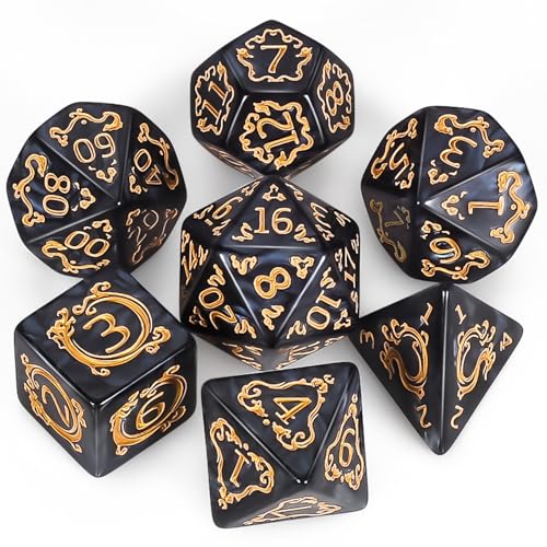 QMAY DND Dice Polyhedral Dice Set - 7 Pieces for Dungeon and Dragons MTG RPG D&D D20, D12, D10, D%, D8, D6, D4 (Schwarzes Drachenmuster)