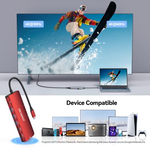 Image of USB C Hub, 9-in-1 Multi-Port USB Adapter, 4K@60Hz HDMI, 100W Max PD, 3 USB3.0(5Gbps) + 2 USB2.0 Data Ports, SD /TF Card Reader for MacBook, iPad Pro, Dell, HP, Lenovo, Windows Laptop, Red